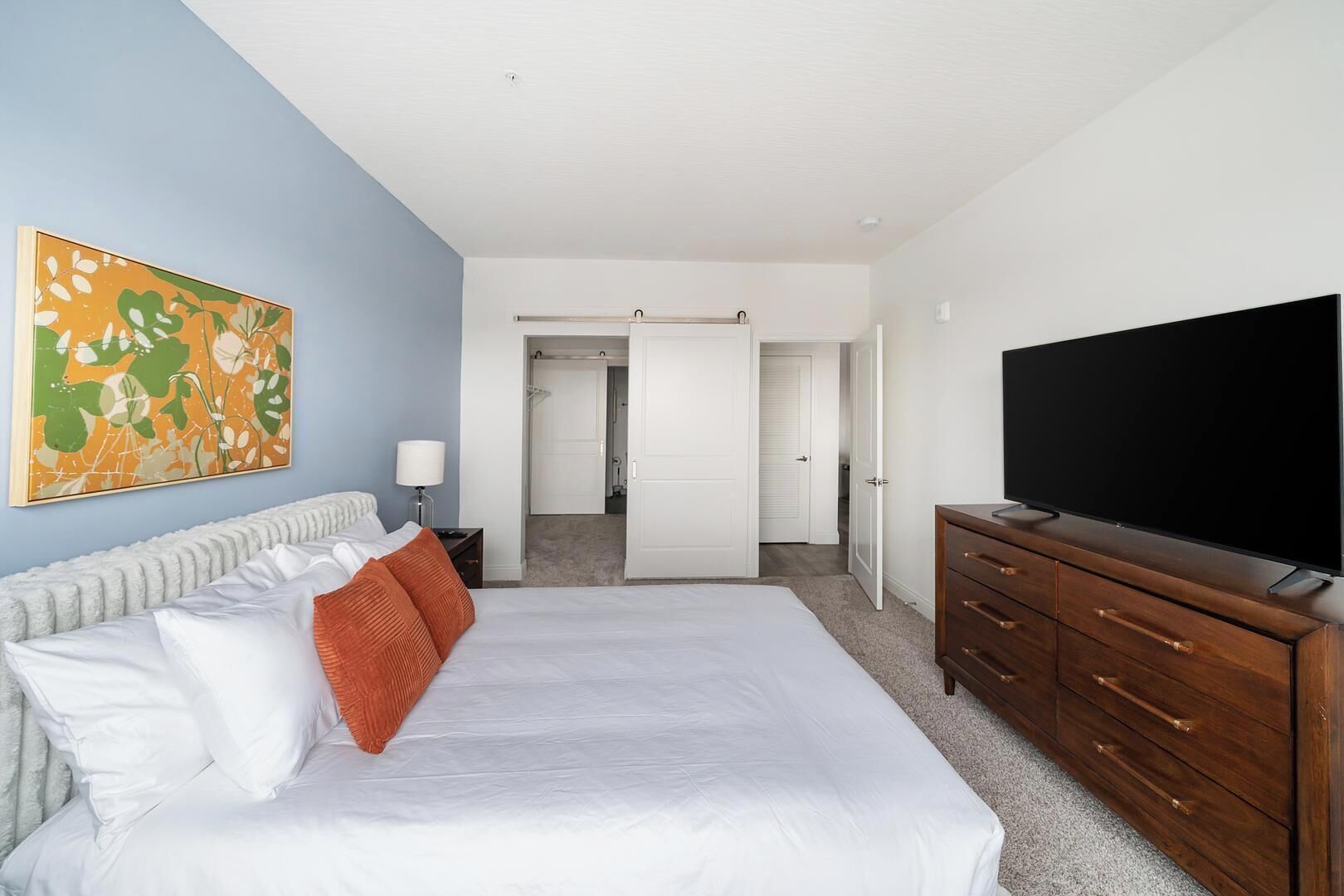 A bedroom with a bed, a TV, a dresser, a painting, and a closet.