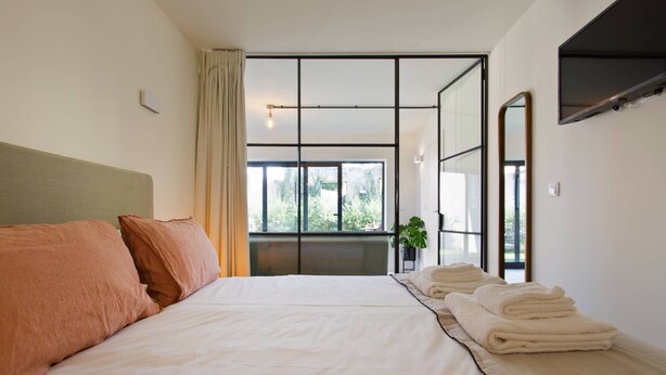 Habitación de hotel con una cama grande, vistas a través de un ventanal, una planta en maceta y un espejo en la pared.