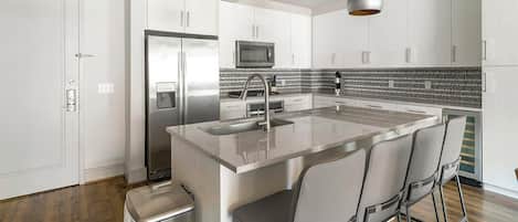 Fridge, dining tables