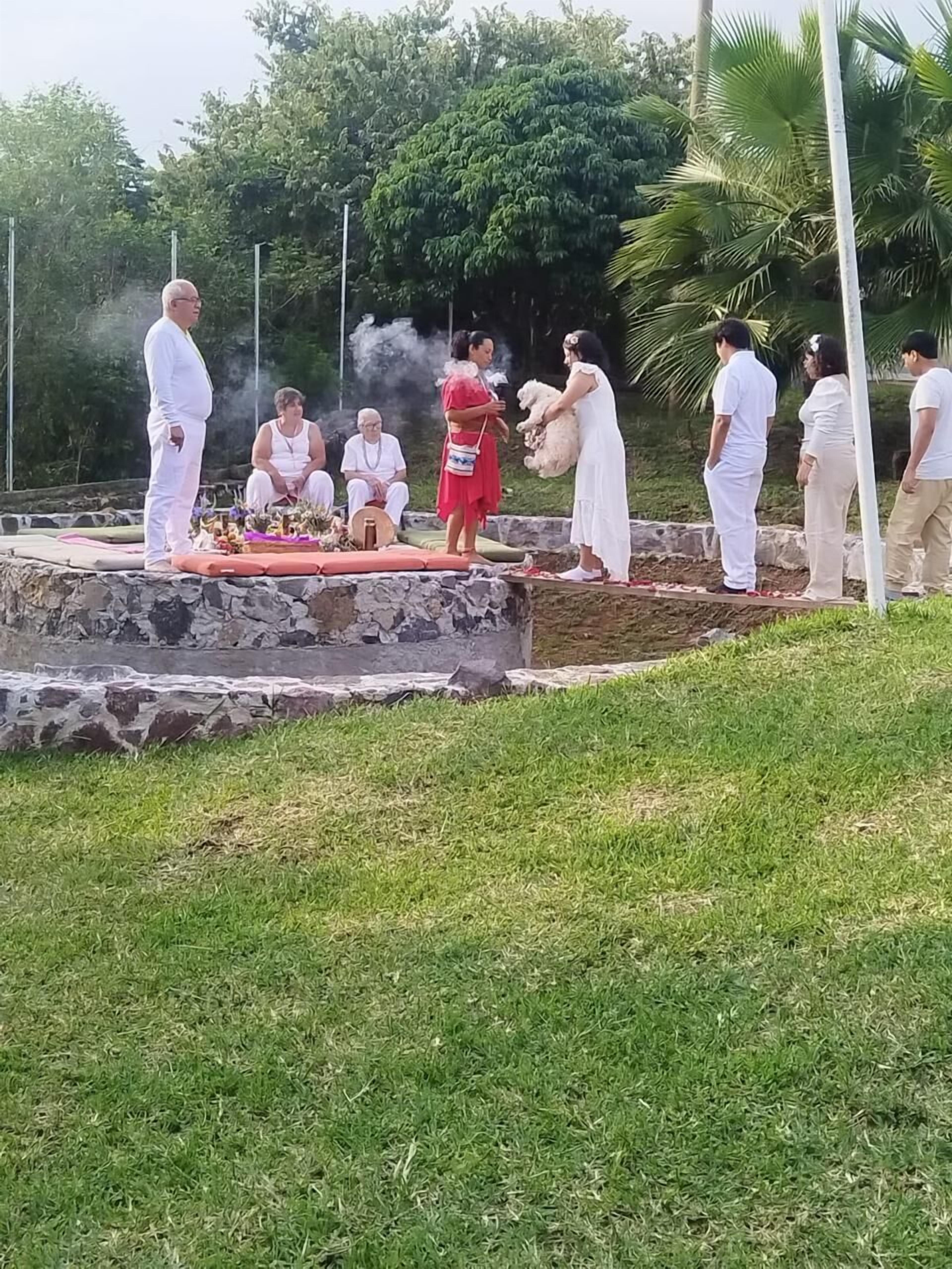 A group of people in a natural setting with a stone platform, greenery, and a clear sky.