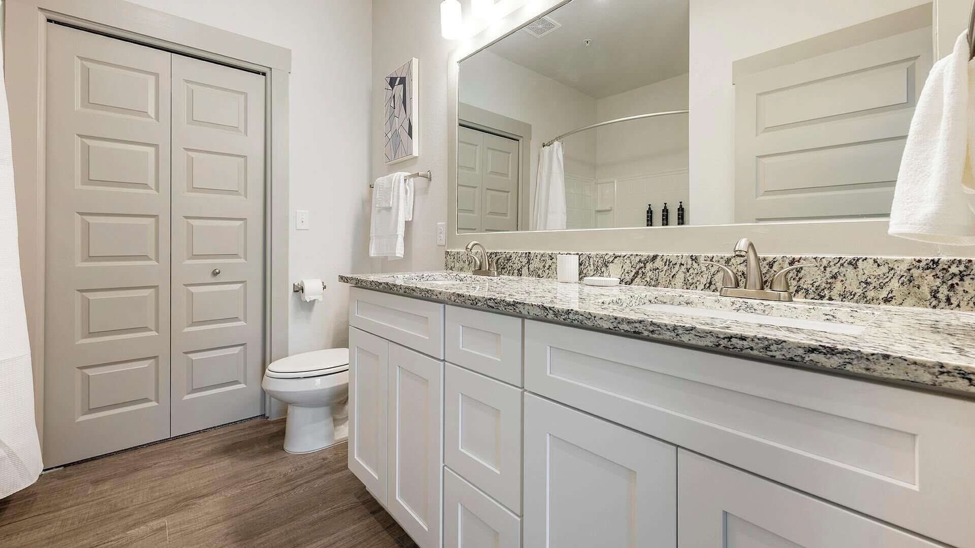 A bathroom with a toilet, a sink with a granite countertop, and a large mirror.