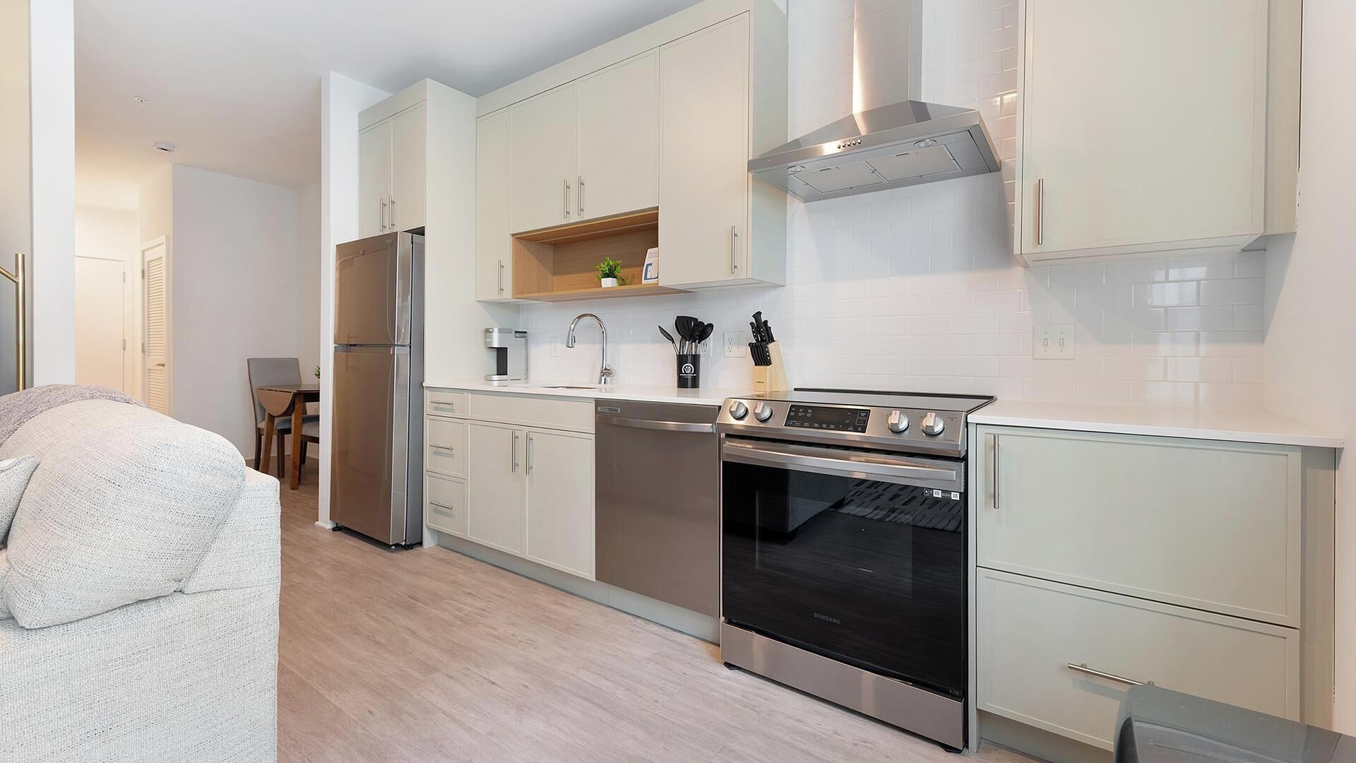 Fridge, dining table