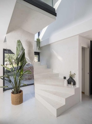 Ein modernes Interieur mit Treppe, Blumentopf und Vase auf einem Regal.
