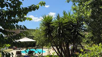 Uma área de piscina com espreguiçadeiras, rodeada por vegetação exuberante e flores de hortênsia.
