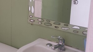 A bathroom with a white sink, a mirror with a decorative frame, and a toilet. - C1 Furnished Cabin Near downtown Puerto Montt (Puerto Montt)