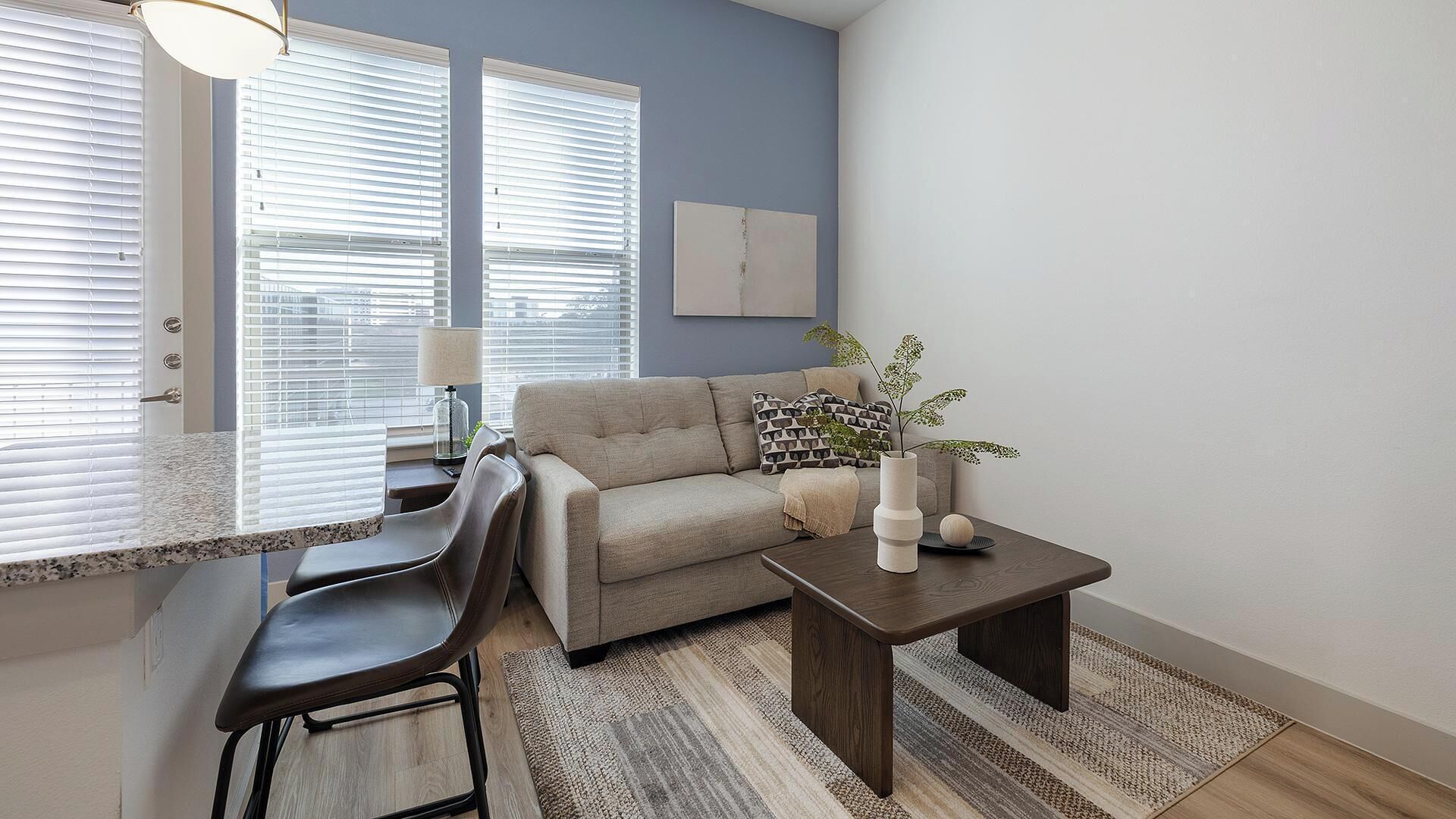 A living room with a sofa, coffee table, and a dining area with a chair and table.