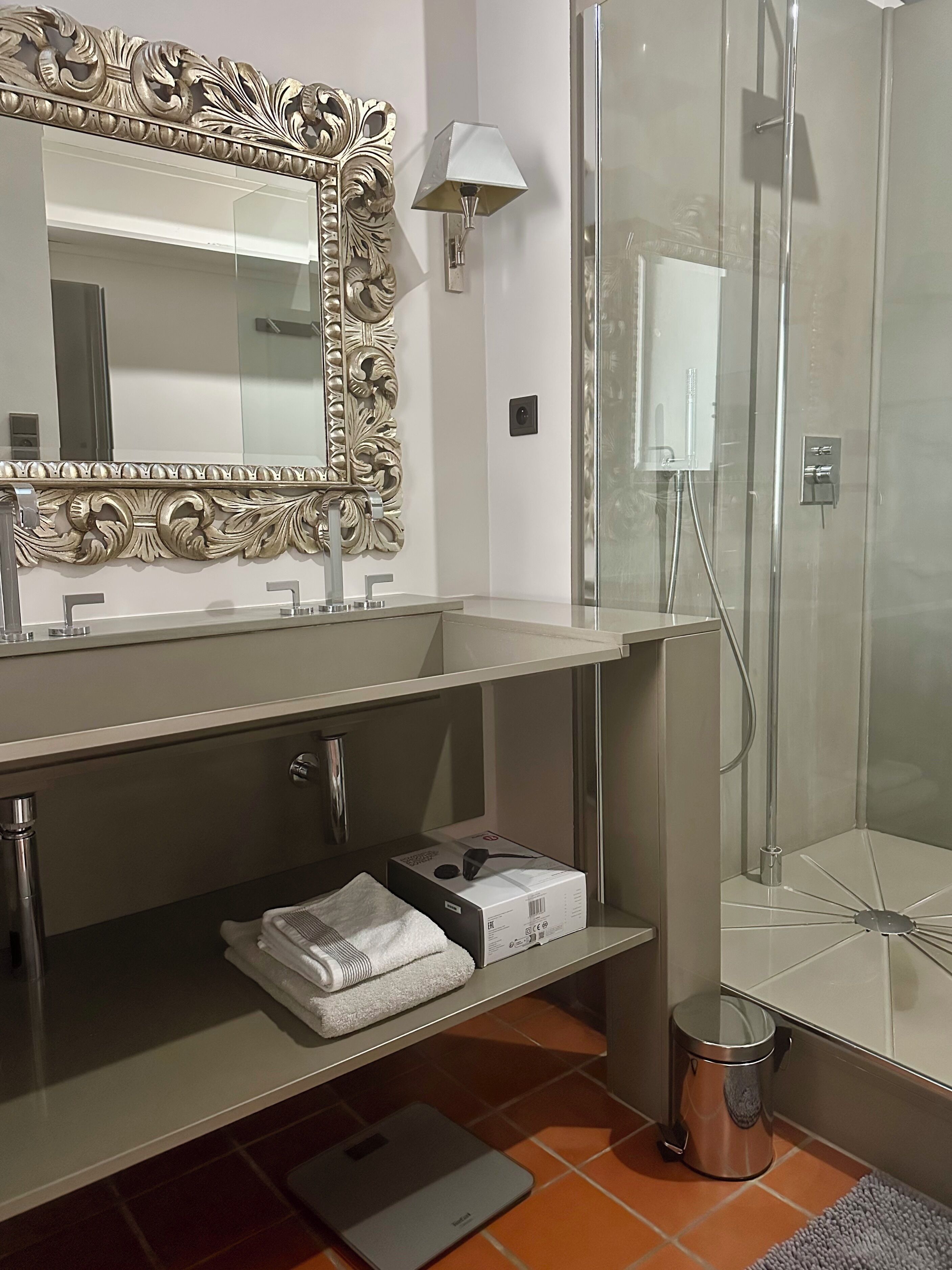Un baño con un espejo grande y ornamentado, un lavamanos moderno, una ducha con cerramiento de vidrio y un perchero para toallas.