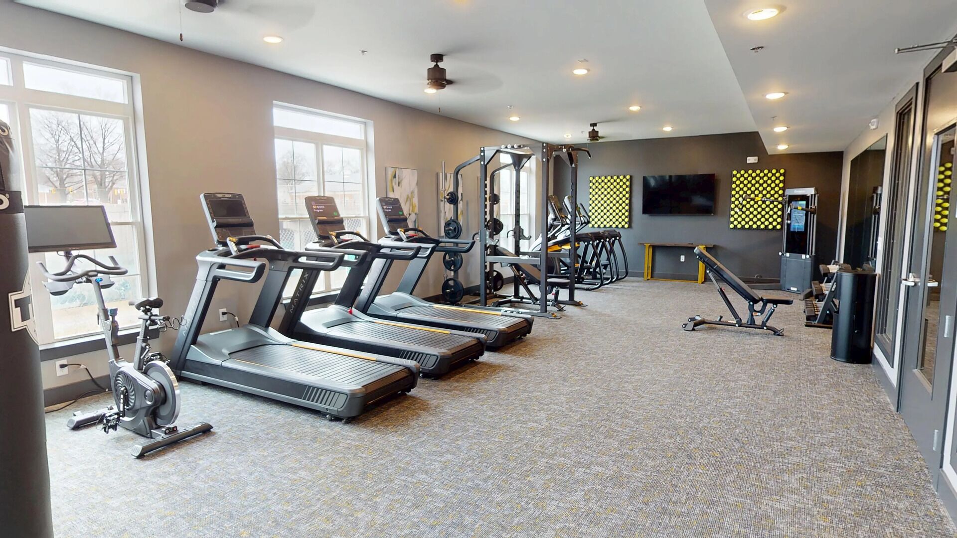 A gym with treadmills, weight machines, and a TV screen.