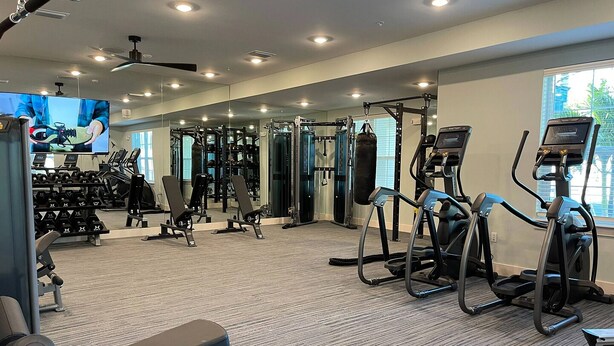 A gym with various exercise equipment, a television, and a large window. - Landing | Spectacular 1BD, Gym (Fort Myers)