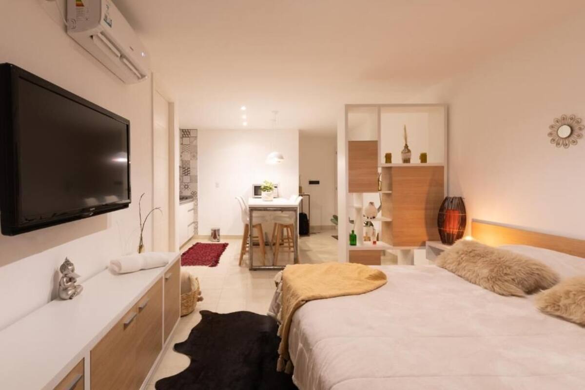 A hotel room with a bed, a desk, a TV, a wardrobe, and a bathroom.