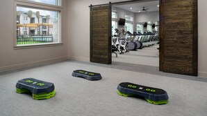 A gym with exercise equipment, a sliding door, and a view of palm trees outside. - Landing | Stylish 2BD in Eastpoint (Baytown)
