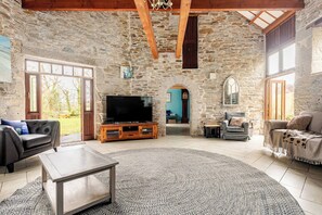 House, 4 Bedrooms, Patio | Living room - Stunning Coastal Barn With hot tub (Falmouth)