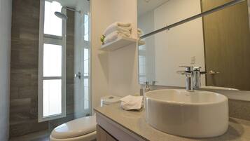 Suite, vista a la ciudad | Baño | Regadera, amenidades de baño gratuitas, secadora de cabello, toallas