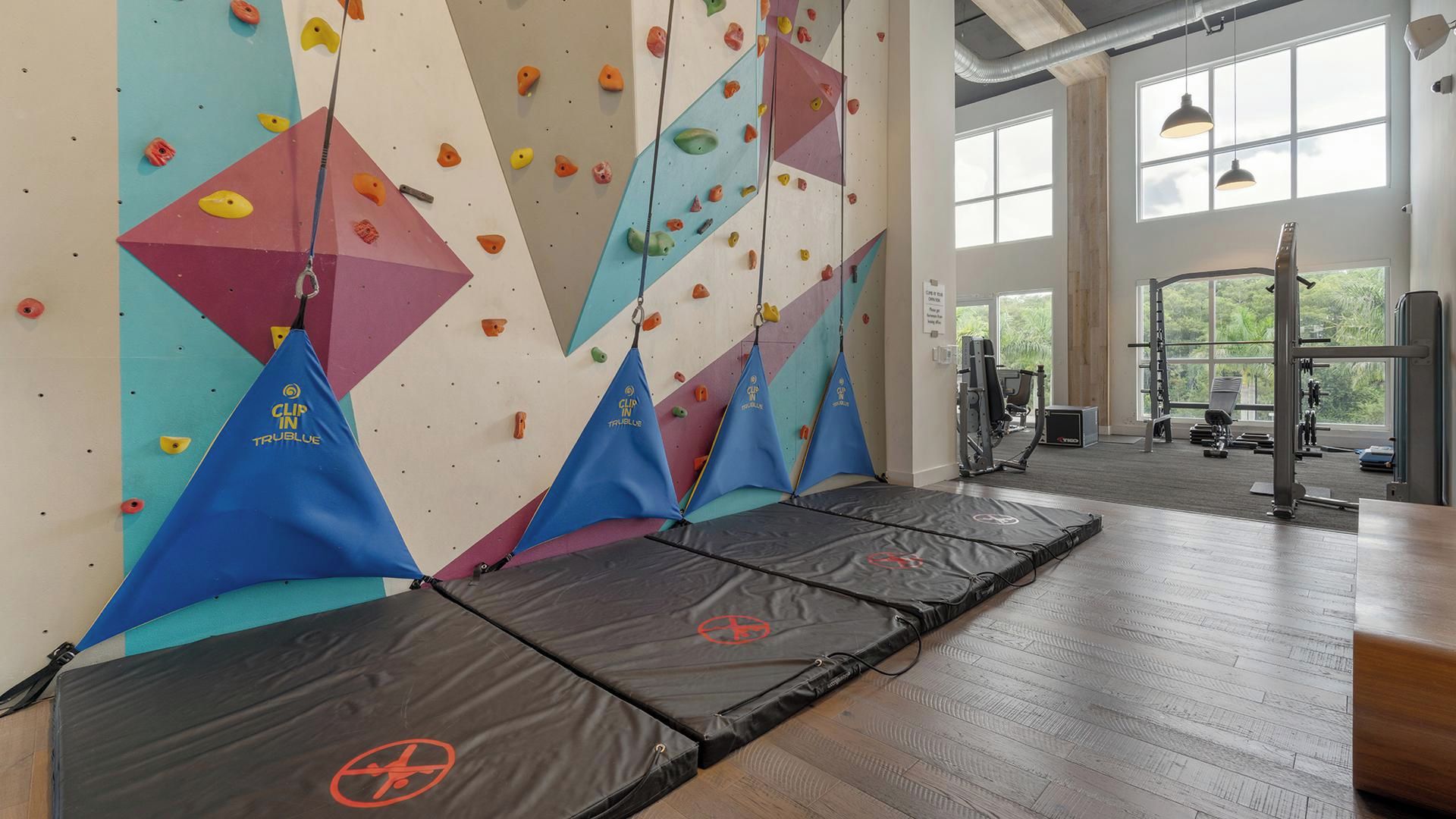 Een klimhal met schuimmatten, klimwanden en fitnessapparatuur.
