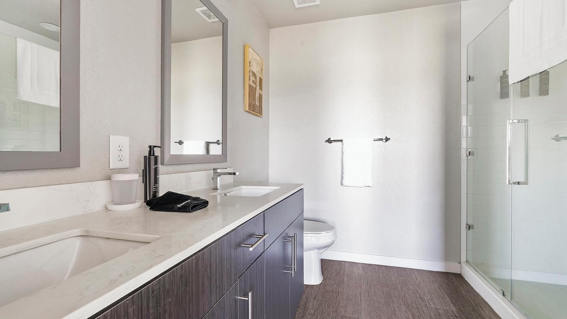 A modern bathroom with a large mirror, two sinks, a toilet, and a glass shower enclosure.