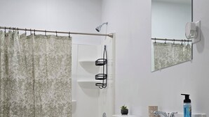 A bathroom with a toilet, shower, sink, and mirror. - 2-bedroom building in charming Stockbridge with cool AC (Stockbridge)