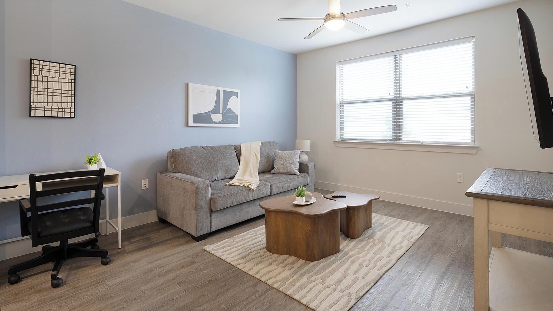 A modern living room with a grey sofa, a wooden coffee table, a desk with a chair, and a ceiling fan.