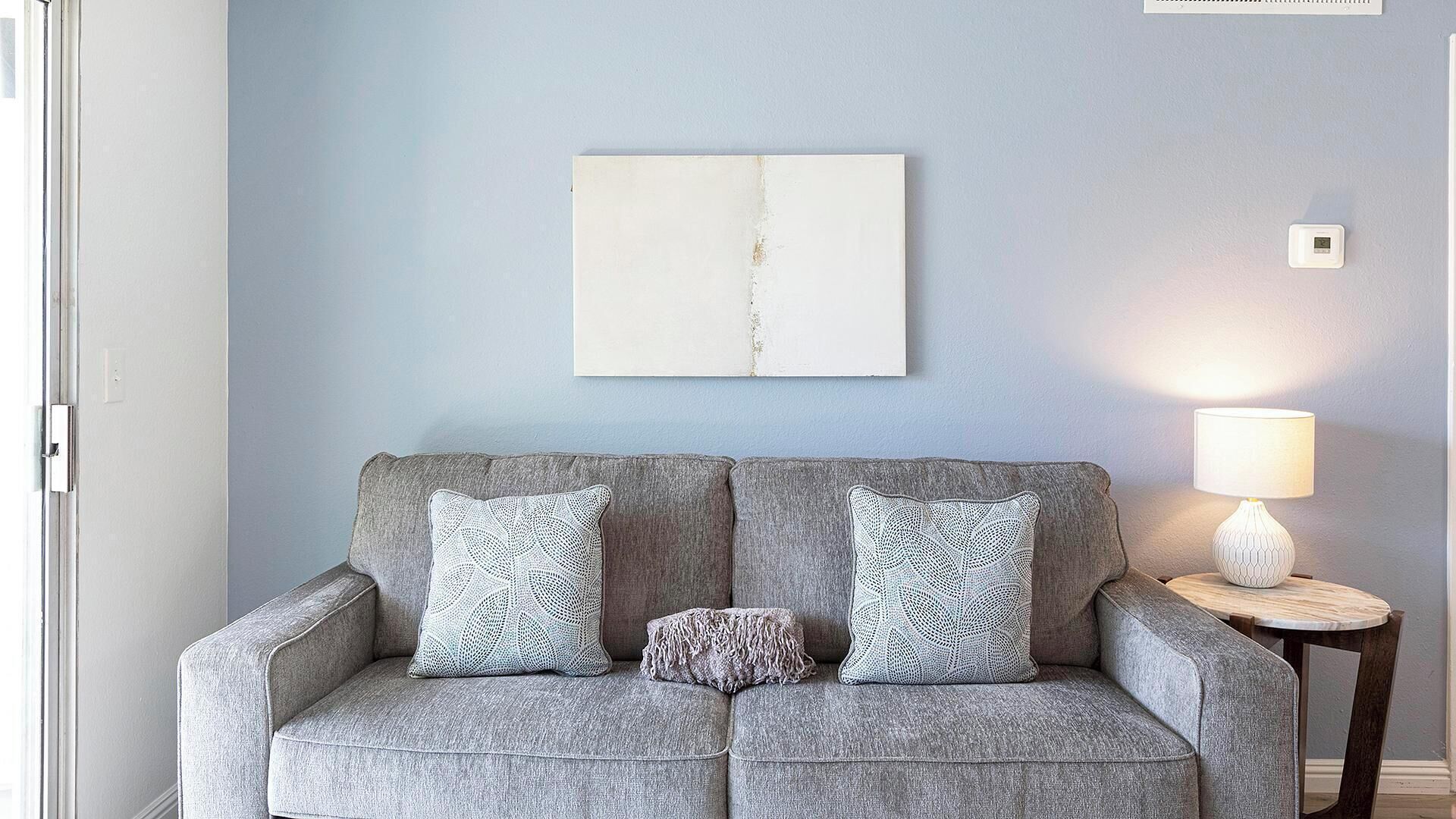 Een grijze bank met gekleurde kussens, een kunstwerk aan de muur, een tafeltje met een lamp en een thermostaat.