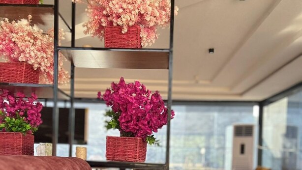 A modern interior with a red sofa, wicker baskets with pink flowers, and a view of the city through large windows. - The Rock Aparthotel (Zaria)