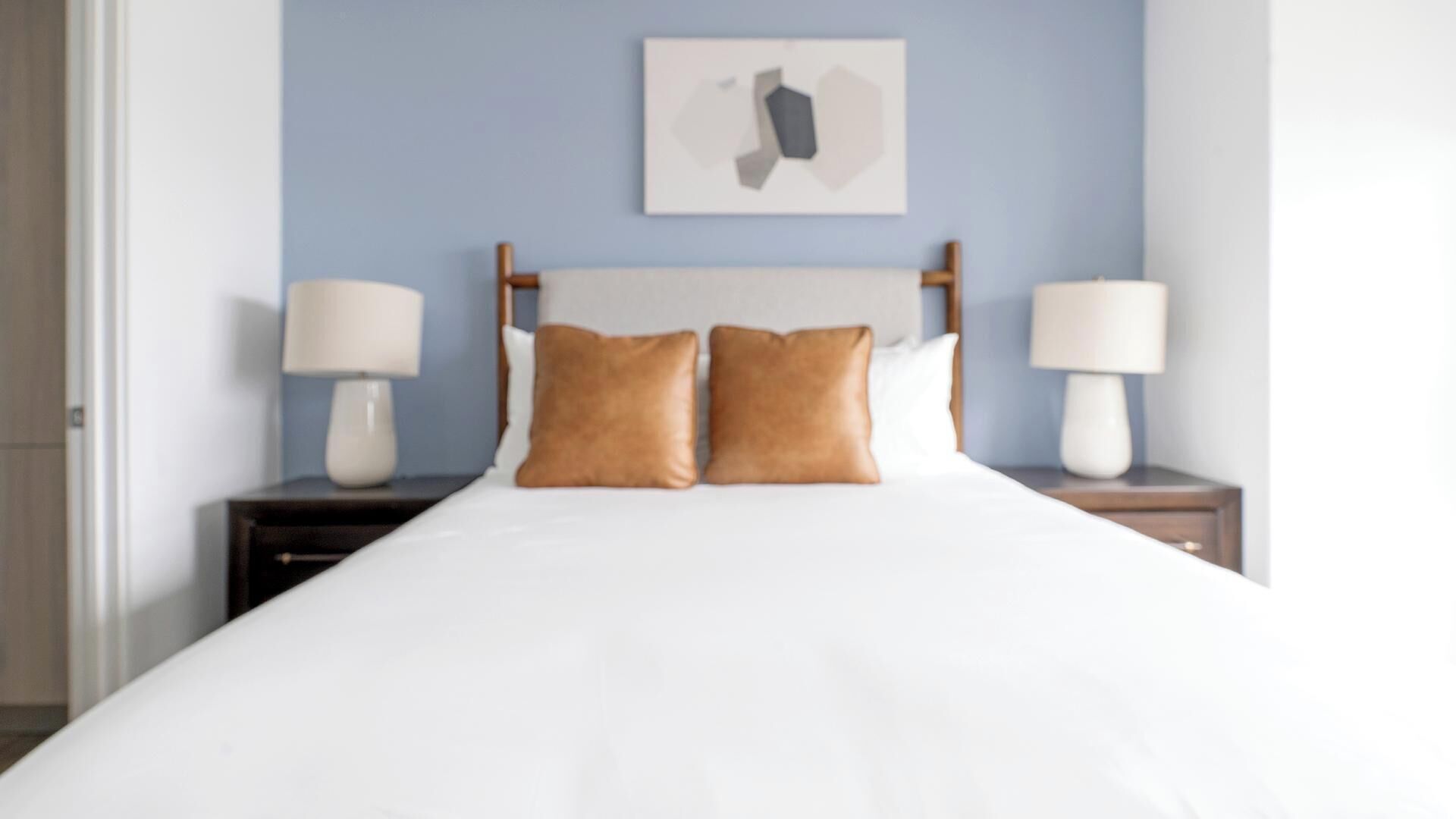 A neatly made bed with two pillows, a bedside table with a lamp, and a wall-mounted artwork.