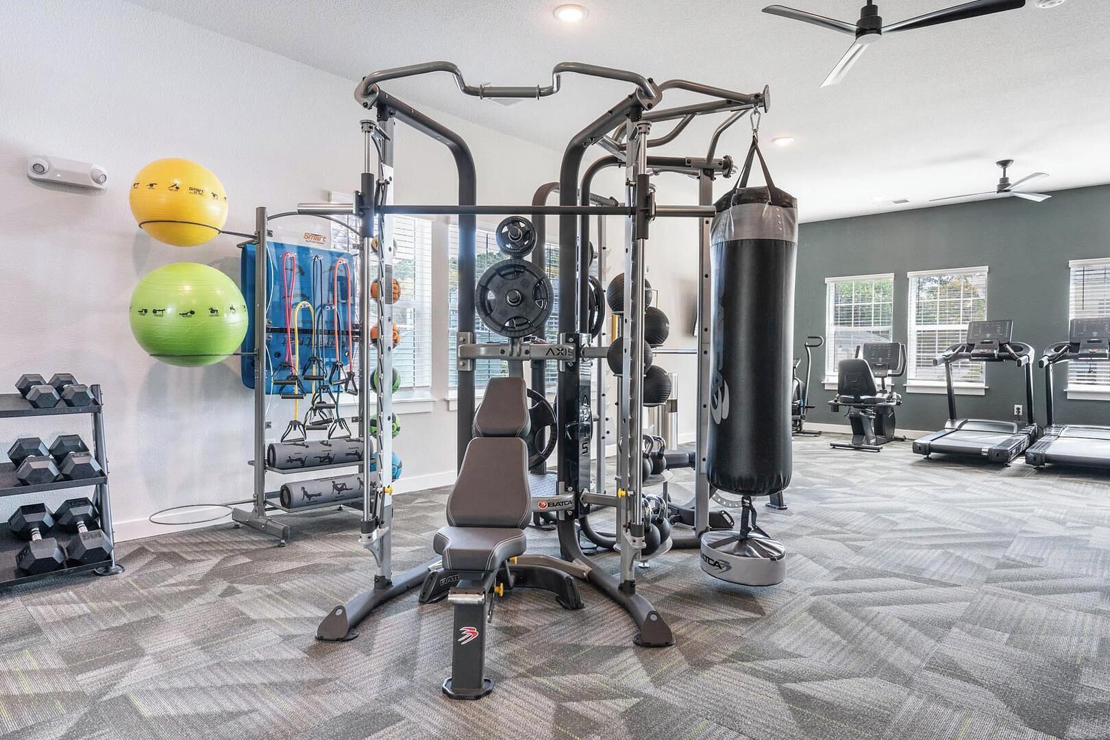 Et fitnesscenter med styrkeløftudstyr, træningsbolde, løbebånd og håndvægte.