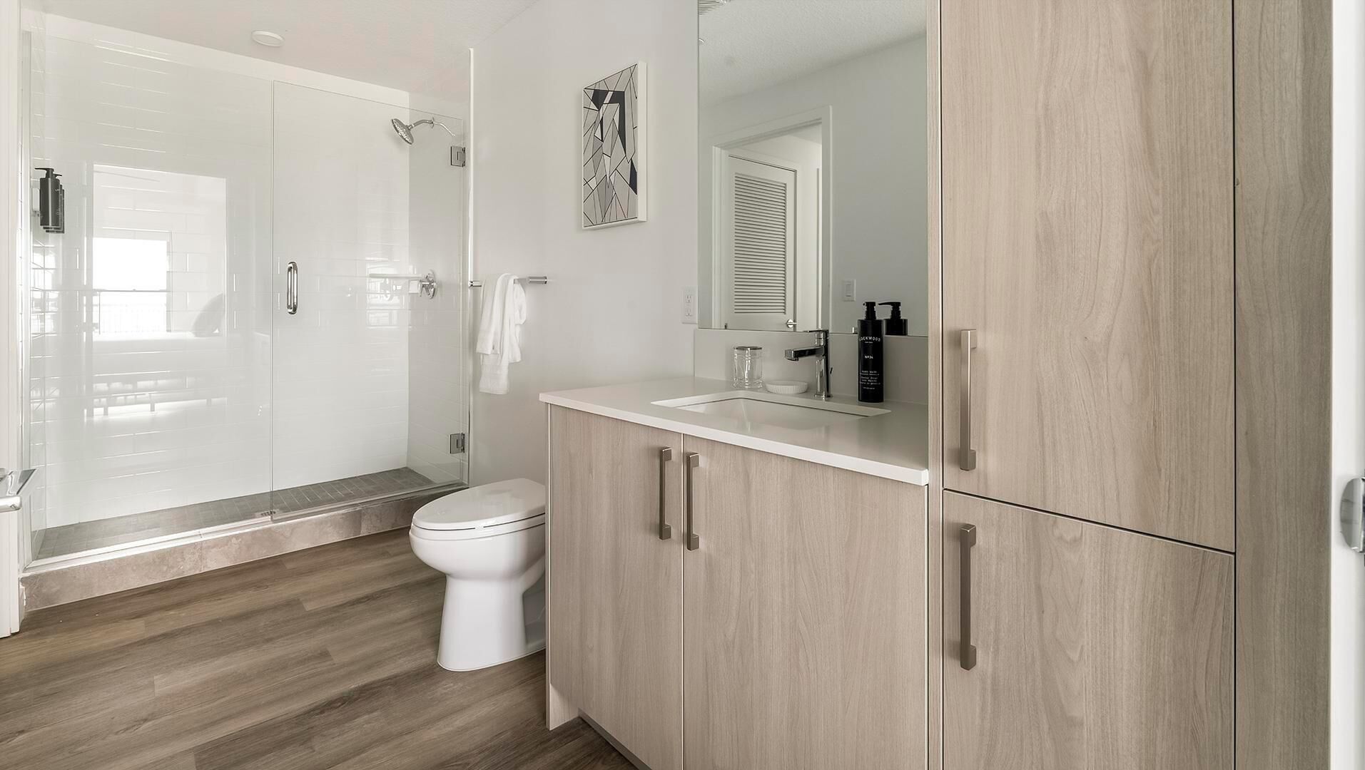 A modern bathroom with a shower, toilet, and vanity.