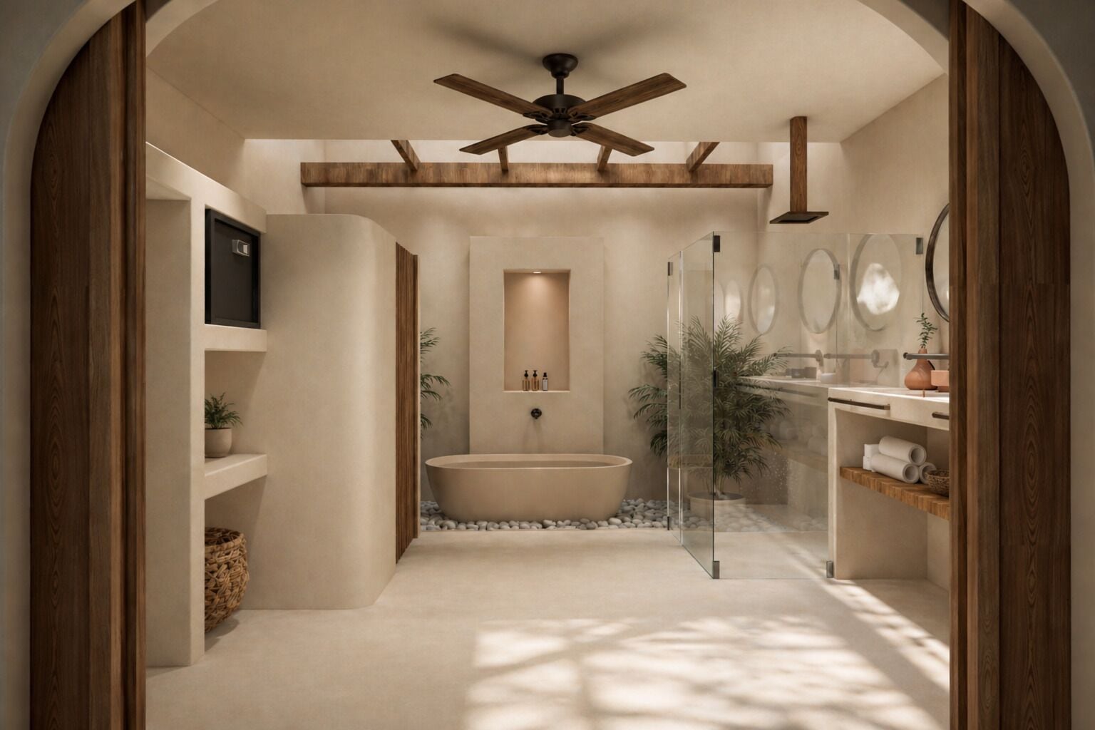 A modern bathroom with a freestanding bathtub, a ceiling fan, and a glass shower enclosure.
