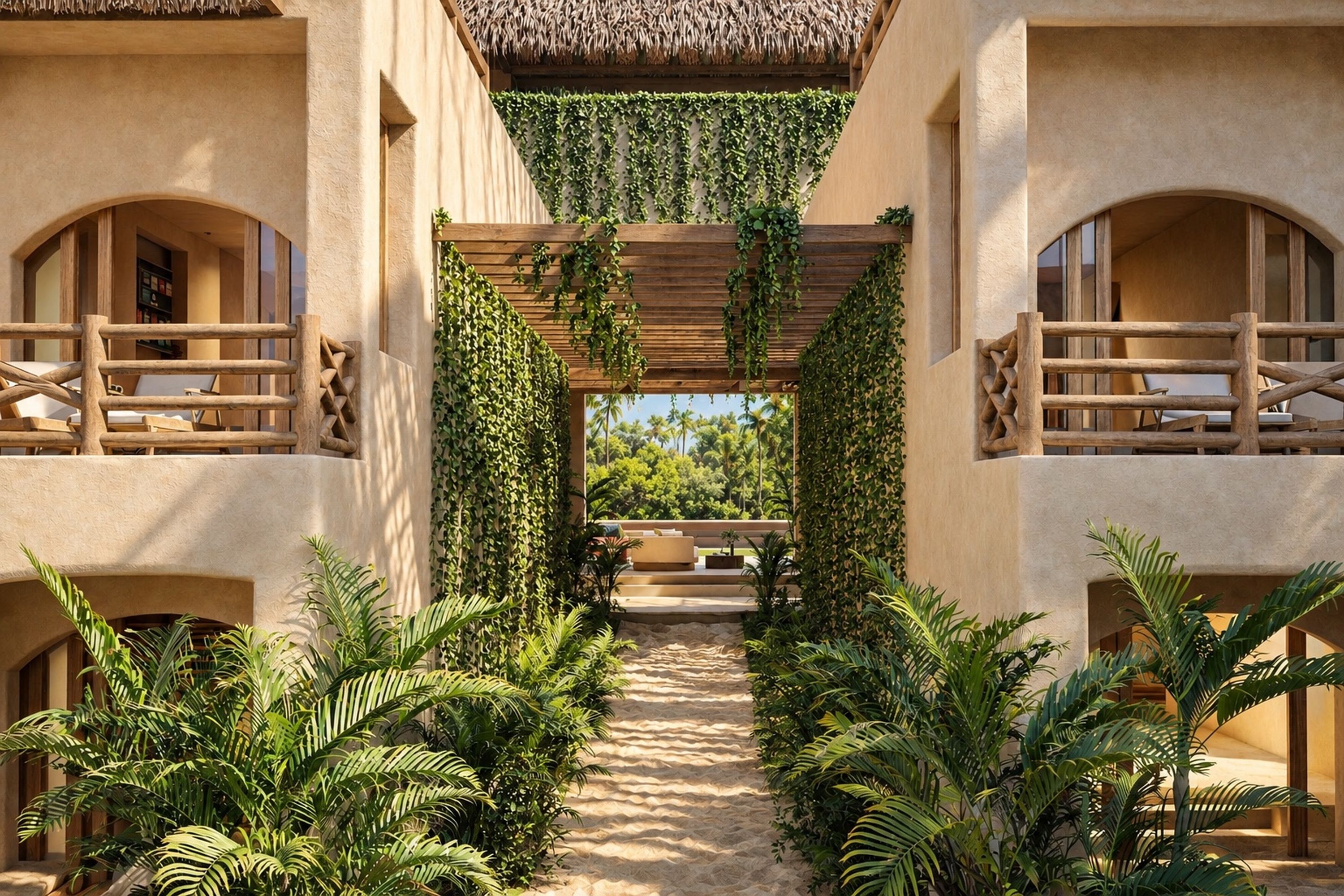 A hotel corridor with a central pathway flanked by lush greenery and wooden railings.