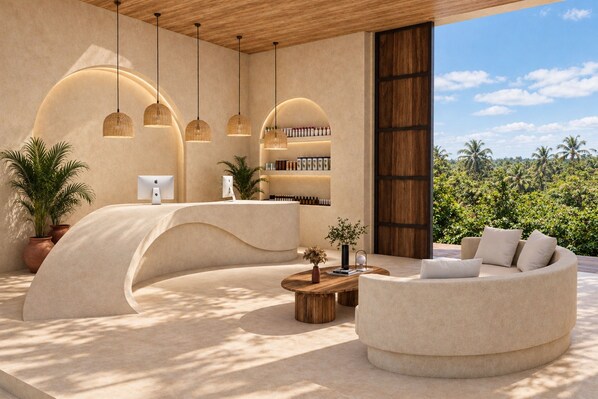 A modern interior with a curved reception desk, pendant lighting, a seating area with a sofa and coffee table, and a view of the outdoors.