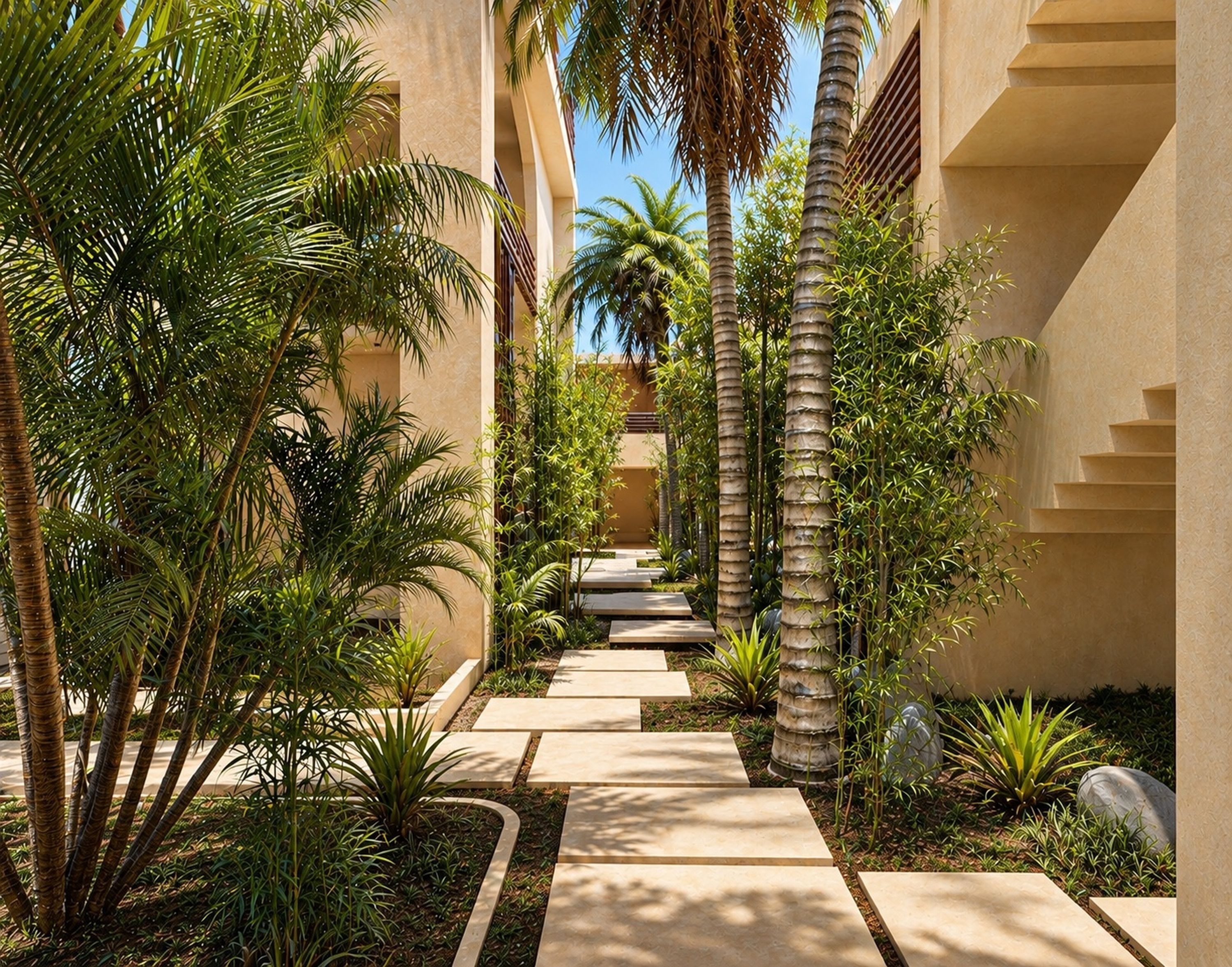 A pathway flanked by palm trees and a building with a geometric facade.