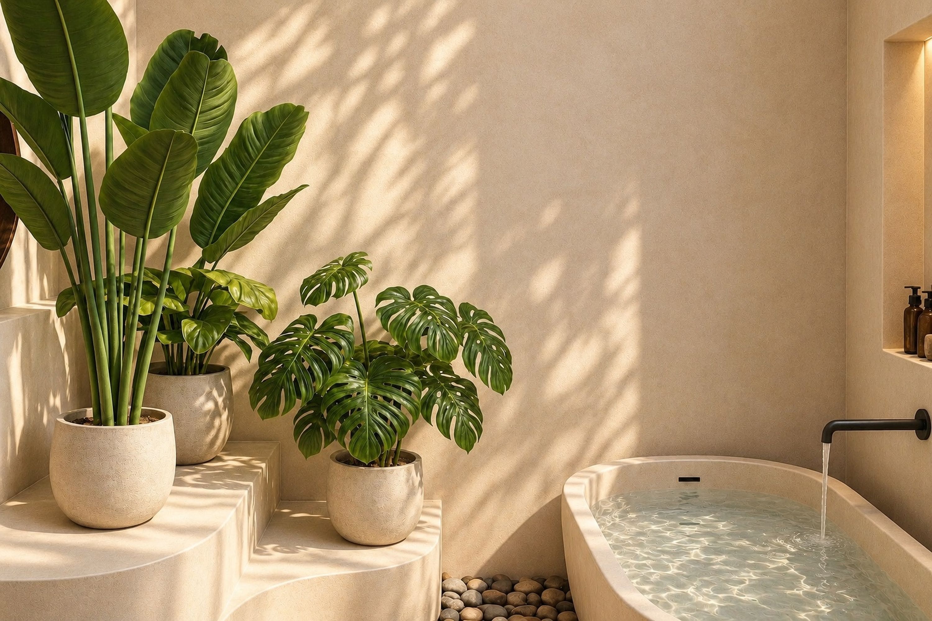 A spa area with a bathtub, potted plants, and a stone ledge.
