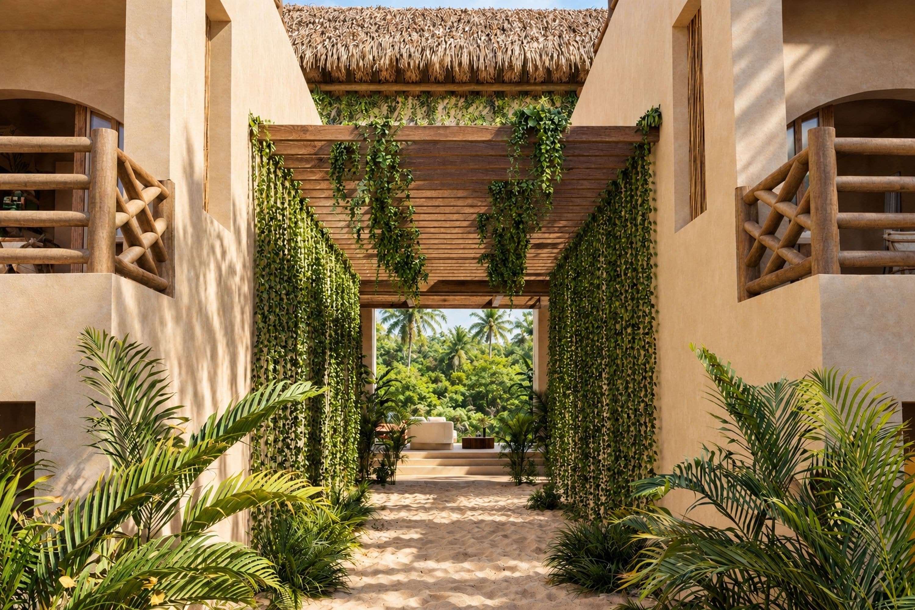 A pathway leading to a covered area with a thatched roof, surrounded by lush greenery and palm trees.