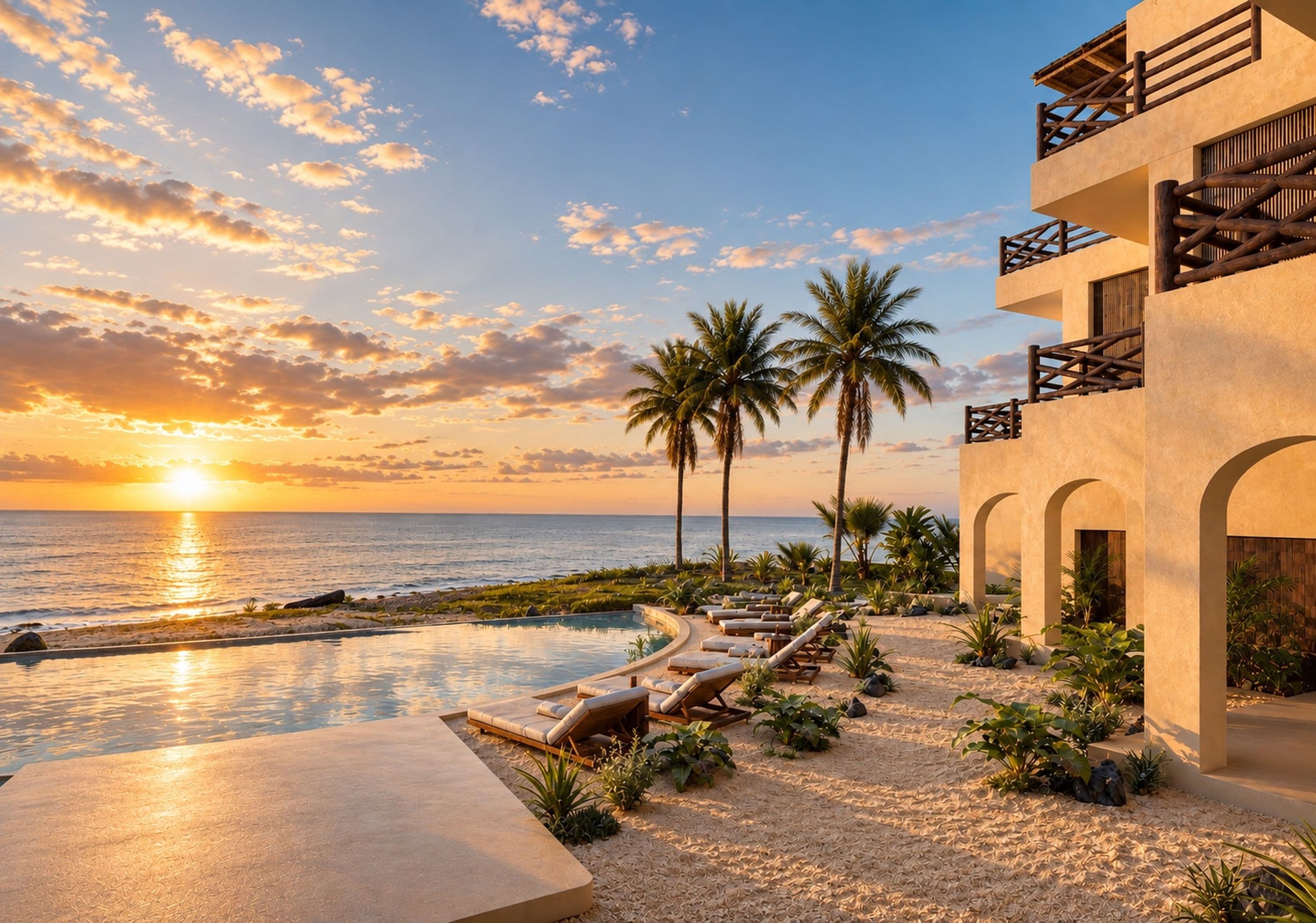 Un resort con piscina, palmeras y vistas al atardecer.