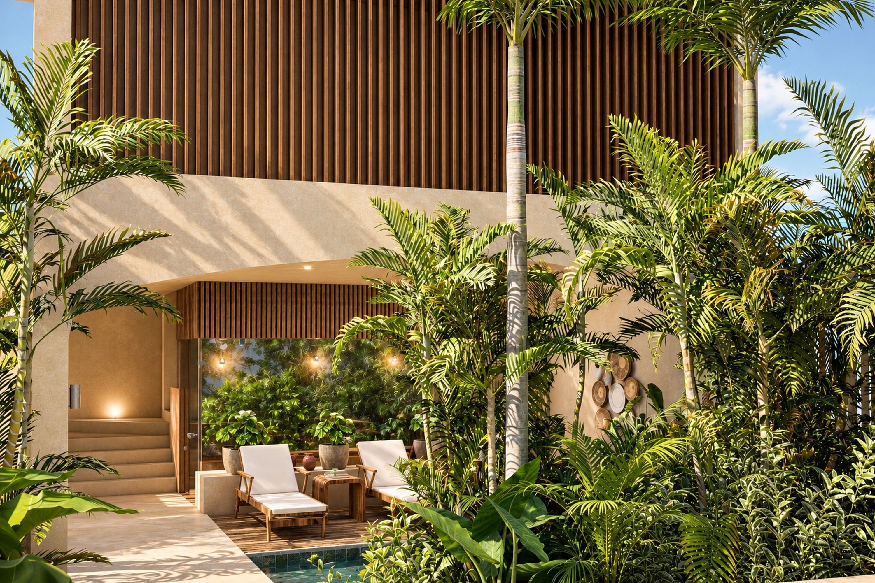 A modern outdoor pool area with lounge chairs, a small table, and a variety of tropical plants.