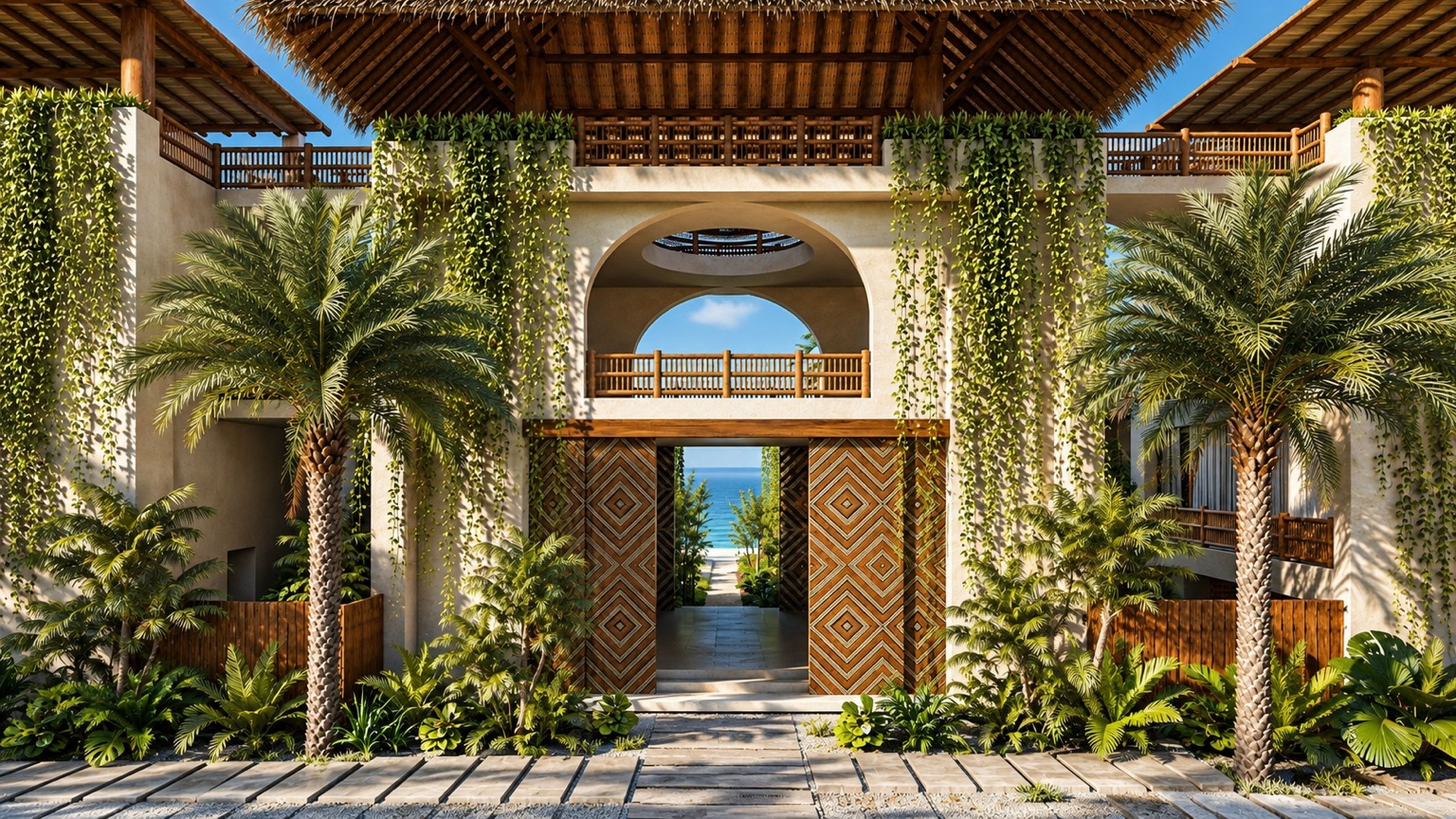 Entrada a un complejo turístico con un paseo techado, palmeras y vistas al océano.