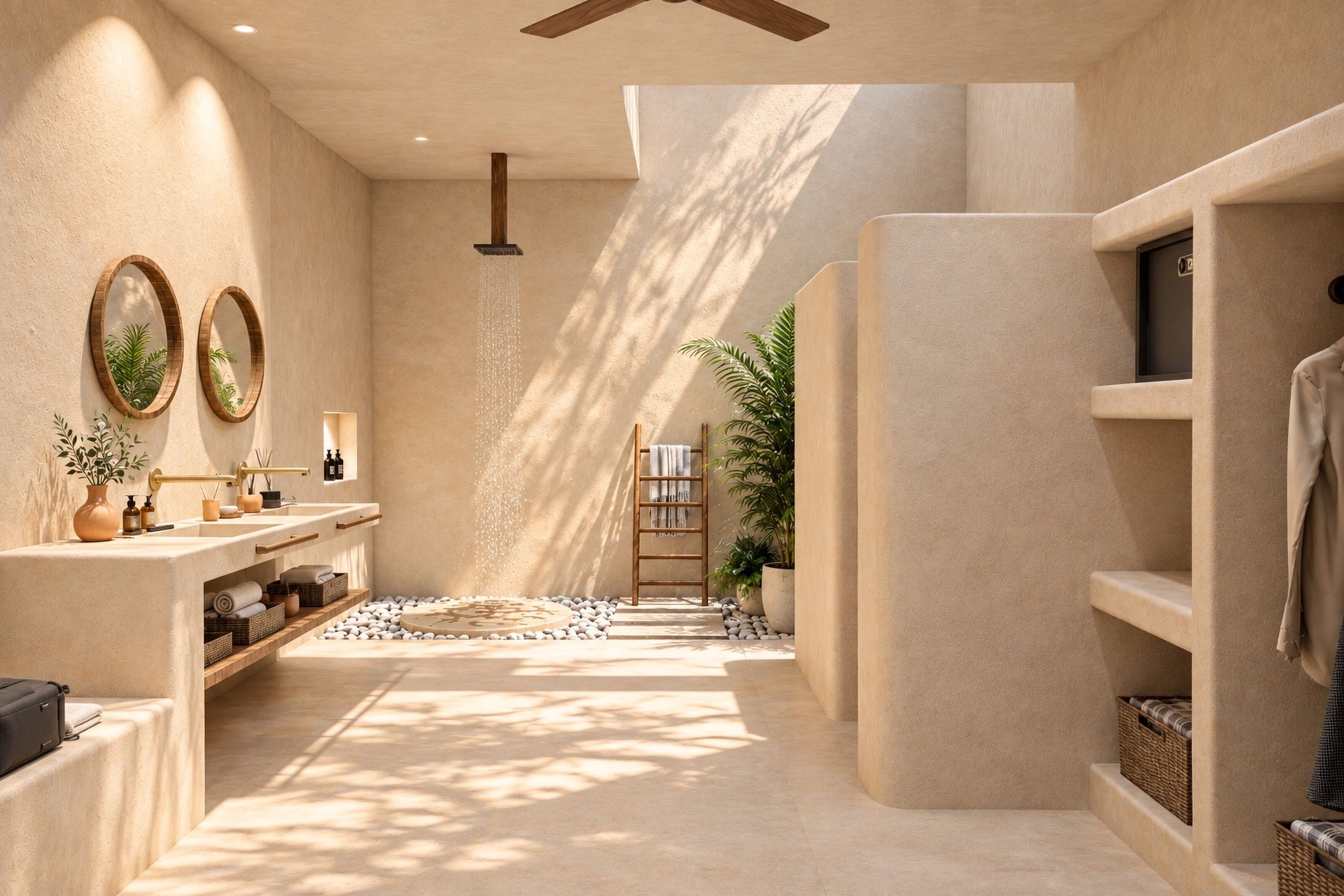 A modern bathroom with a shower, vanity, and a towel rack.