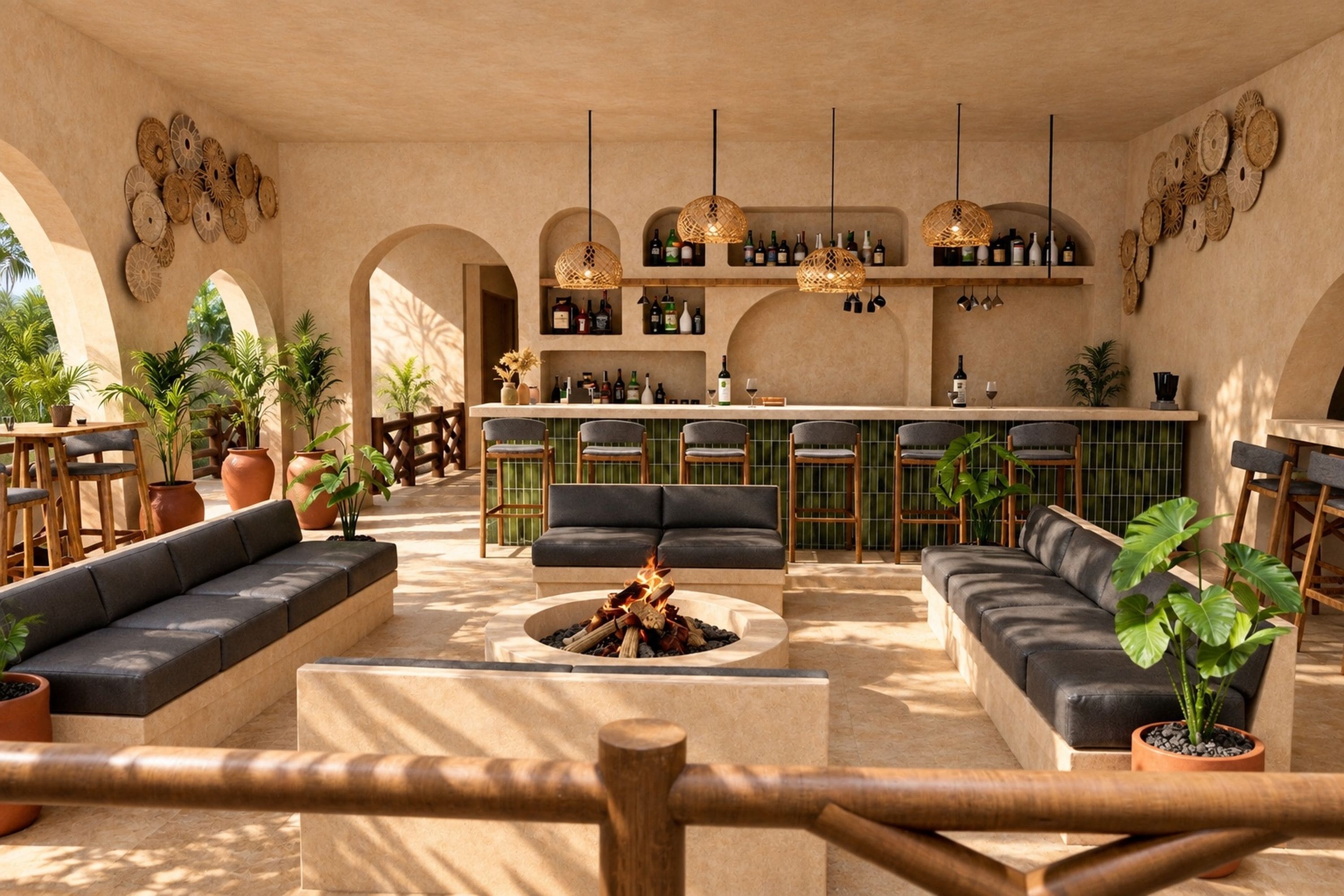 A spacious lounge area with a bar, seating arrangements, and a fire pit.
