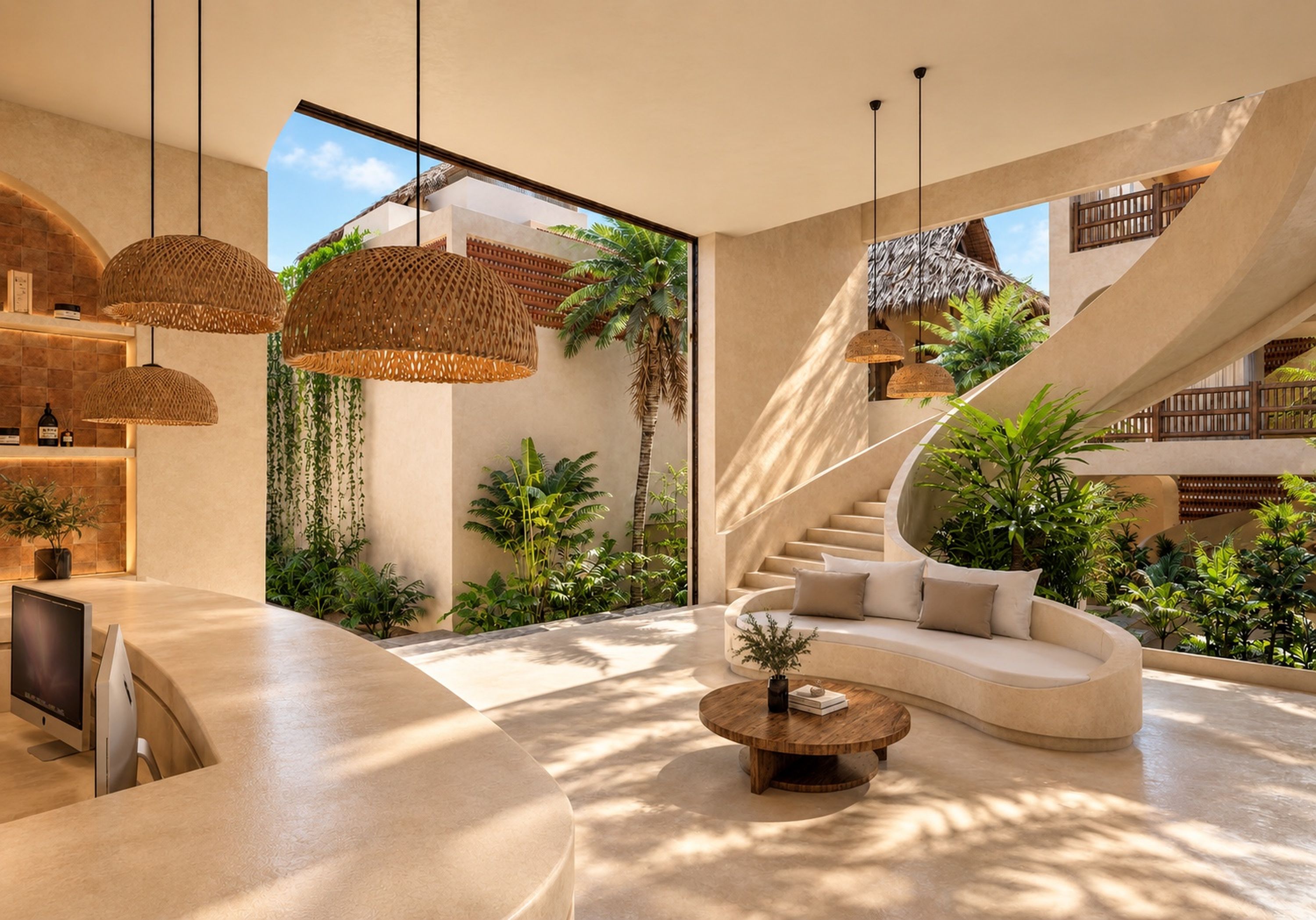 A modern interior with a curved sofa, a round wooden coffee table, and a spiral staircase.