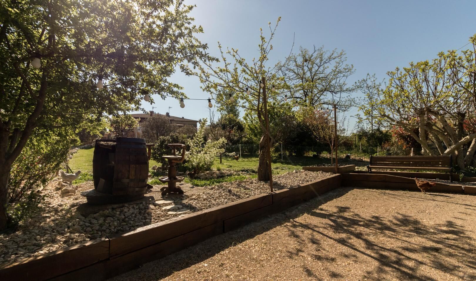 Een tuin met een rustieke buiten zithoek, een kip, en een gebouw op de achtergrond.