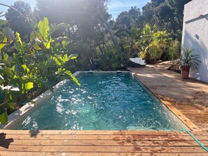 Ein rechteckiger Swimmingpool mit klarem Wasser, umgeben von üppiger Vegetation und einer Holzterrasse.