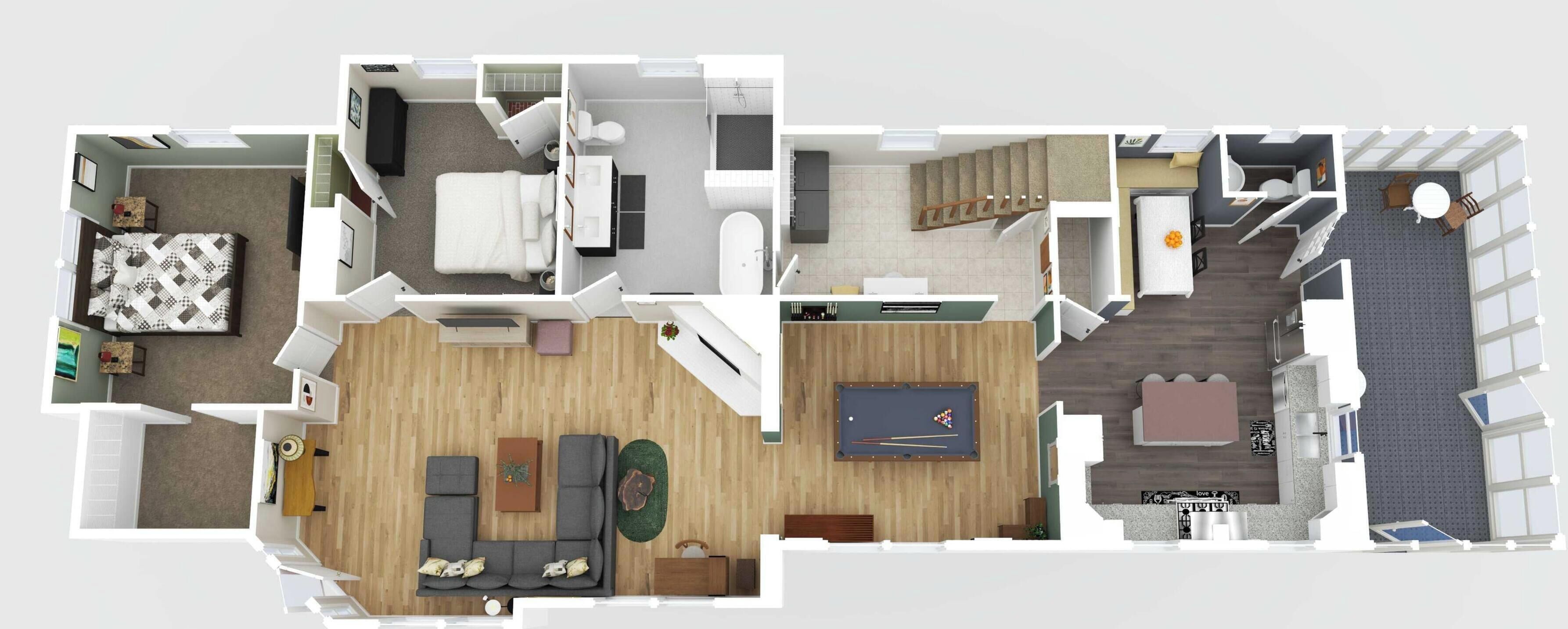 Un plan d’étage en 3D d’un hôtel comprenant une chambre, une salle de bain, un salon, un coin repas et une cuisine.