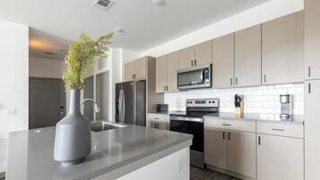 Fridge, dining tables