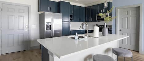 Fridge, dining table