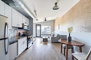 Fridge, dining tables