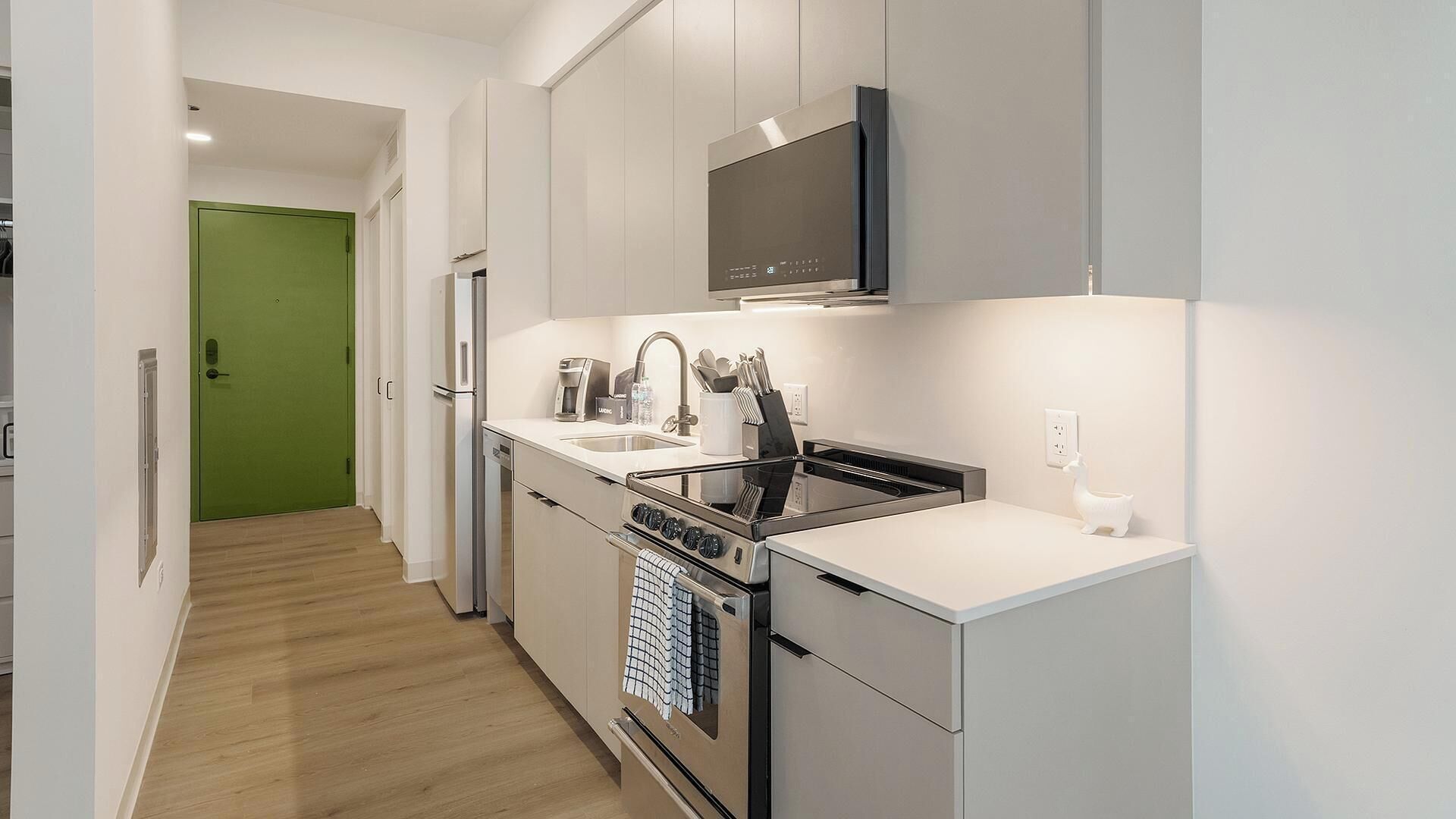 Een moderne keuken met roestvrijstalen apparatuur, een ingebouwde oven en een magnetron.