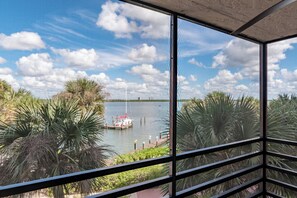 A view from a window with metal bars, overlooking a body of water with a boat docked, surrounded by palm trees and a clear sky with clouds. - Riverside Retreat Marco Island Waterfront Condo (Marco Island)