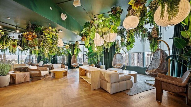 Un amplio salón con suelo de madera, asientos cómodos, plantas colgantes y grandes ventanales con vistas a la ciudad.