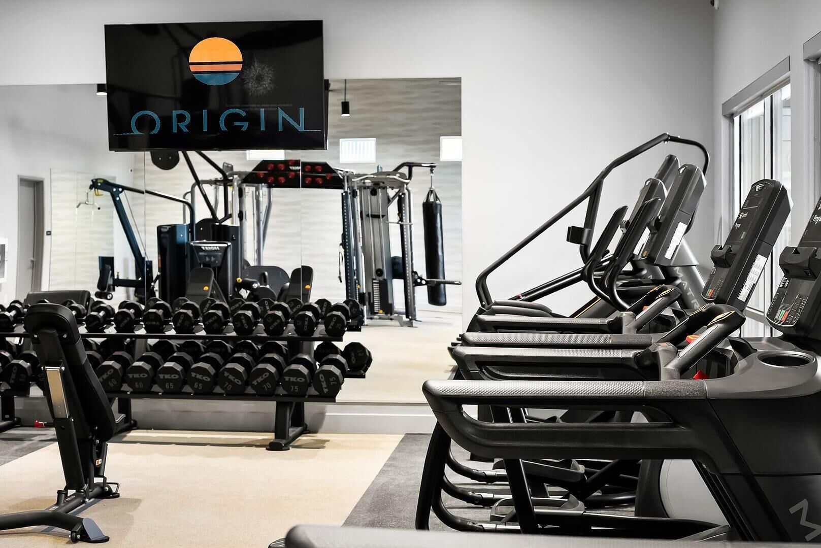 Une salle de sport équipée de tapis de course, d’haltères et d’appareils de musculation.