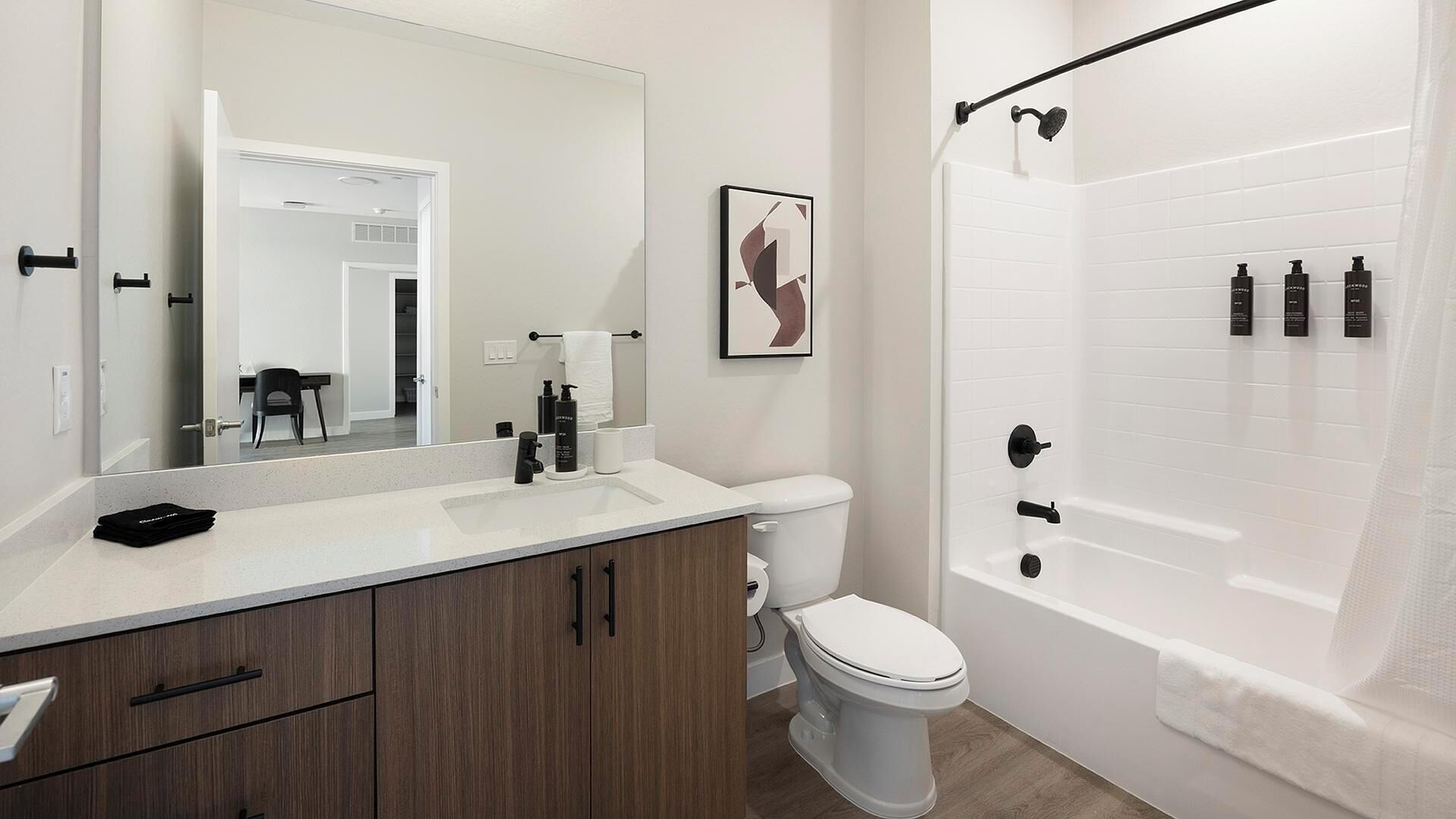 A modern bathroom with a white toilet, a sink with a mirror, a shower with a black hose, and a framed artwork on the wall.