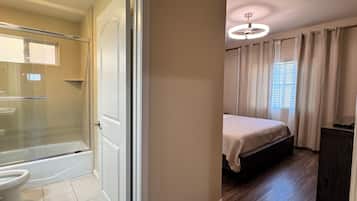 Hair dryer, towels, soap, shampoo
